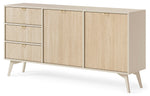Wals 2-door sideboard angled view in light wood-effect with gray-green legs and two cabinet doors