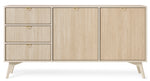 Wals 2-door sideboard front view: three drawers and two doors with simple metal knobs, light wood-effect