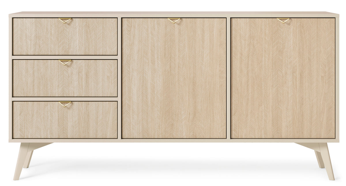 Wals 2-door sideboard front view: three drawers and two doors with simple metal knobs, light wood-effect