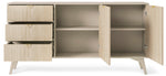 Wals 2-door sideboard doors open, interior shelves visible; light wood-effect with gray-green legs