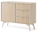 Cashmere sideboard cabinet with door, three drawers, gold handles and tapered legs