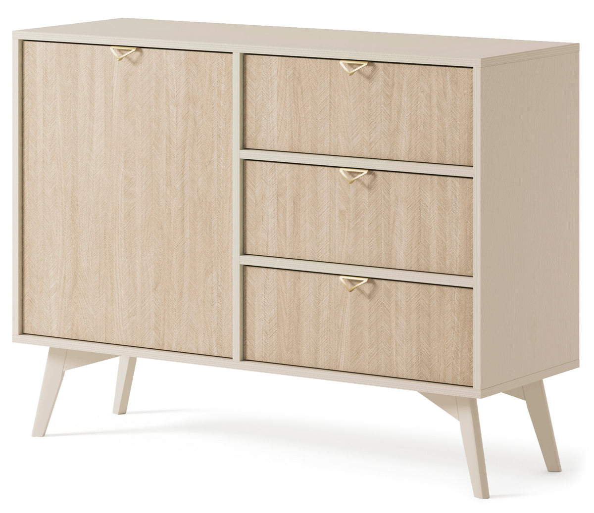 Cashmere sideboard cabinet with door, three drawers, gold handles and tapered legs