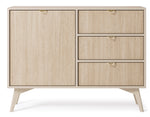 Cashmere sideboard with door and three drawers, gold handle pulls, front view