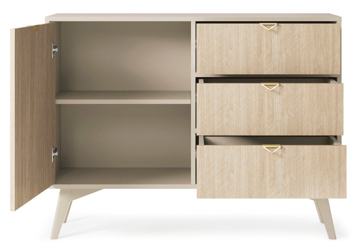 Cashmere sideboard open showing shelves and three drawers, gold corner handles