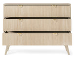 Light wood chest of drawers with three drawers, black trim lines, gold triangular handles