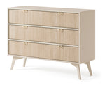 Light wood chest of drawers with three drawers, gold handles, angled side profile