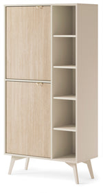 Light wood highboard cabinet with two doors and side open shelving