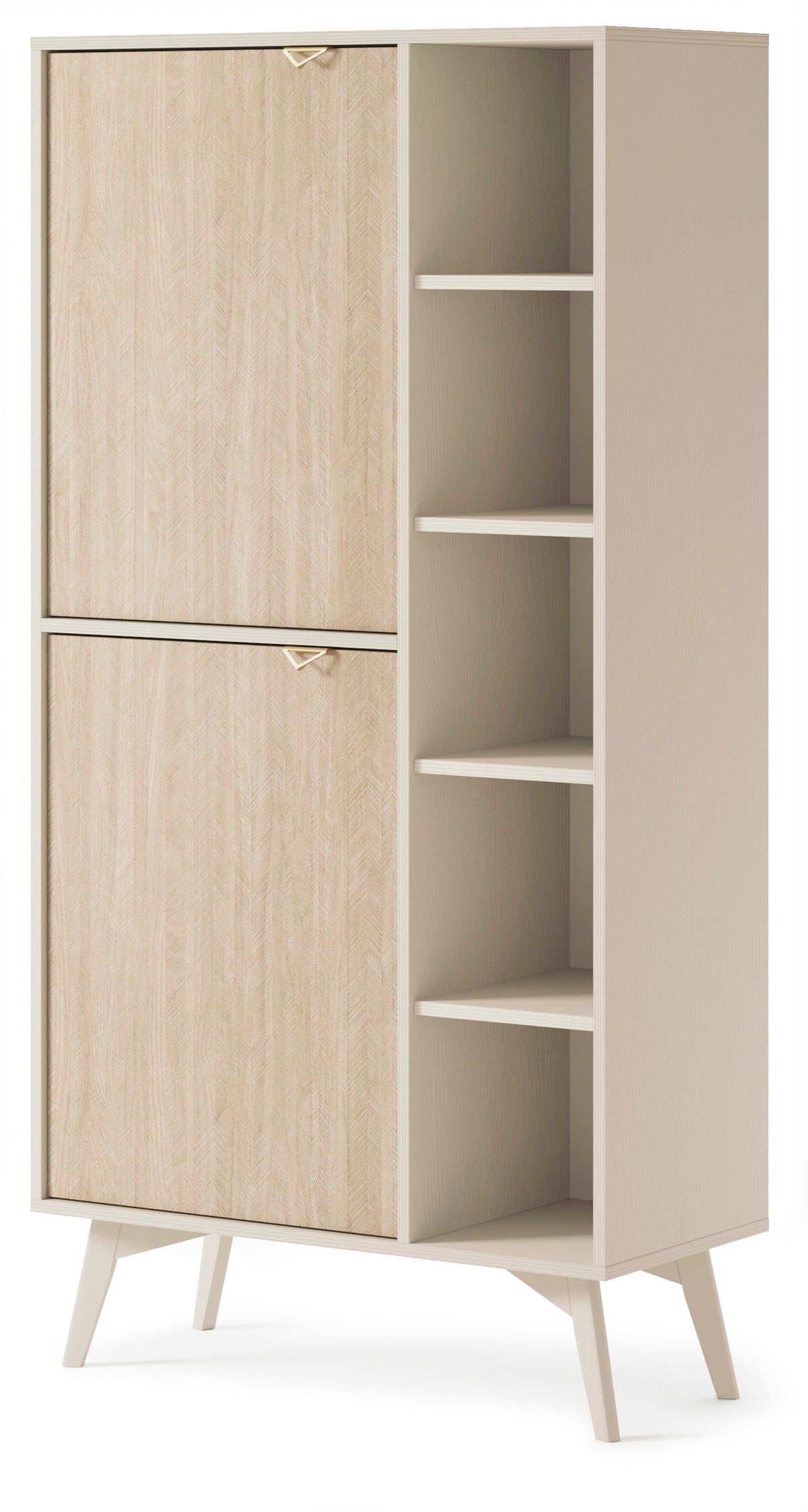 Light wood highboard cabinet with two doors and side open shelving