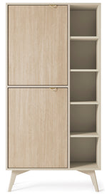 Light oak highboard with two stacked doors and open right bookcase shelves