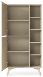 Highboard cabinet opened to show shelves on both sides, light wood frame