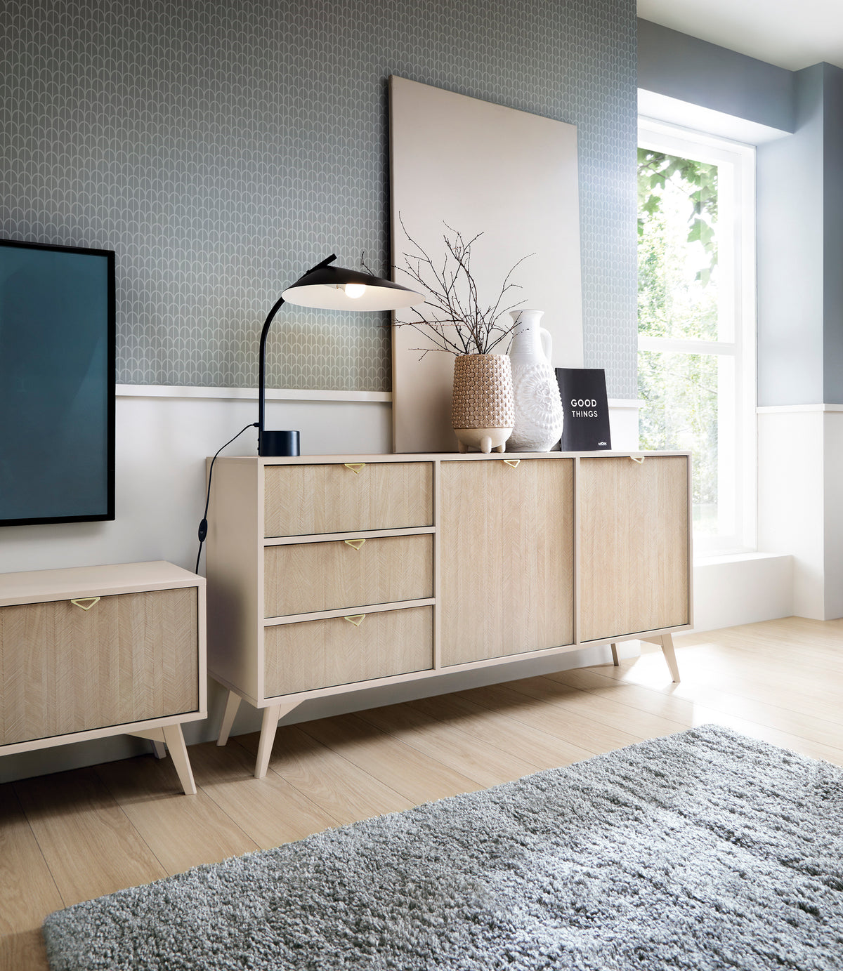 Wals 2-door sideboard in light wood-effect with drawers and cabinet doors; gray-green legs