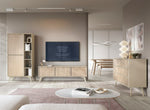 Wood highboard with open shelves and cabinet doors, in a contemporary living space