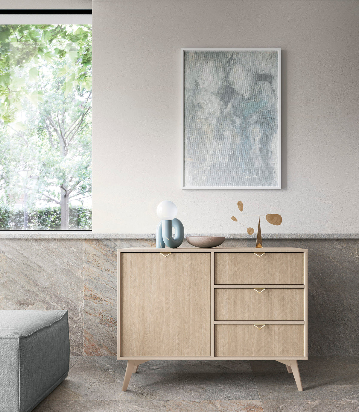 Cashmere sideboard cabinet with door and three drawers, gold handles