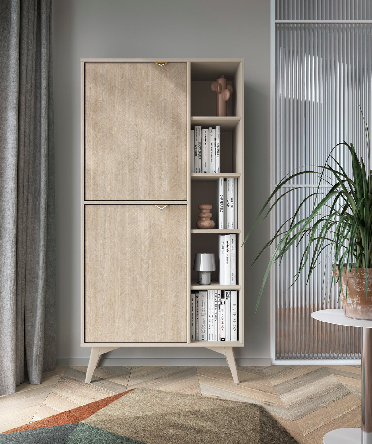 Light wood highboard with open shelves and two door fronts
