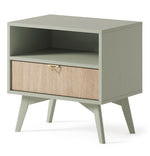 Olive green bedside table with open compartment, herringbone drawer, and tapered legs.