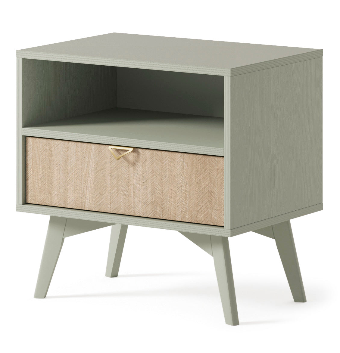Olive green bedside table with open compartment, herringbone drawer, and tapered legs.