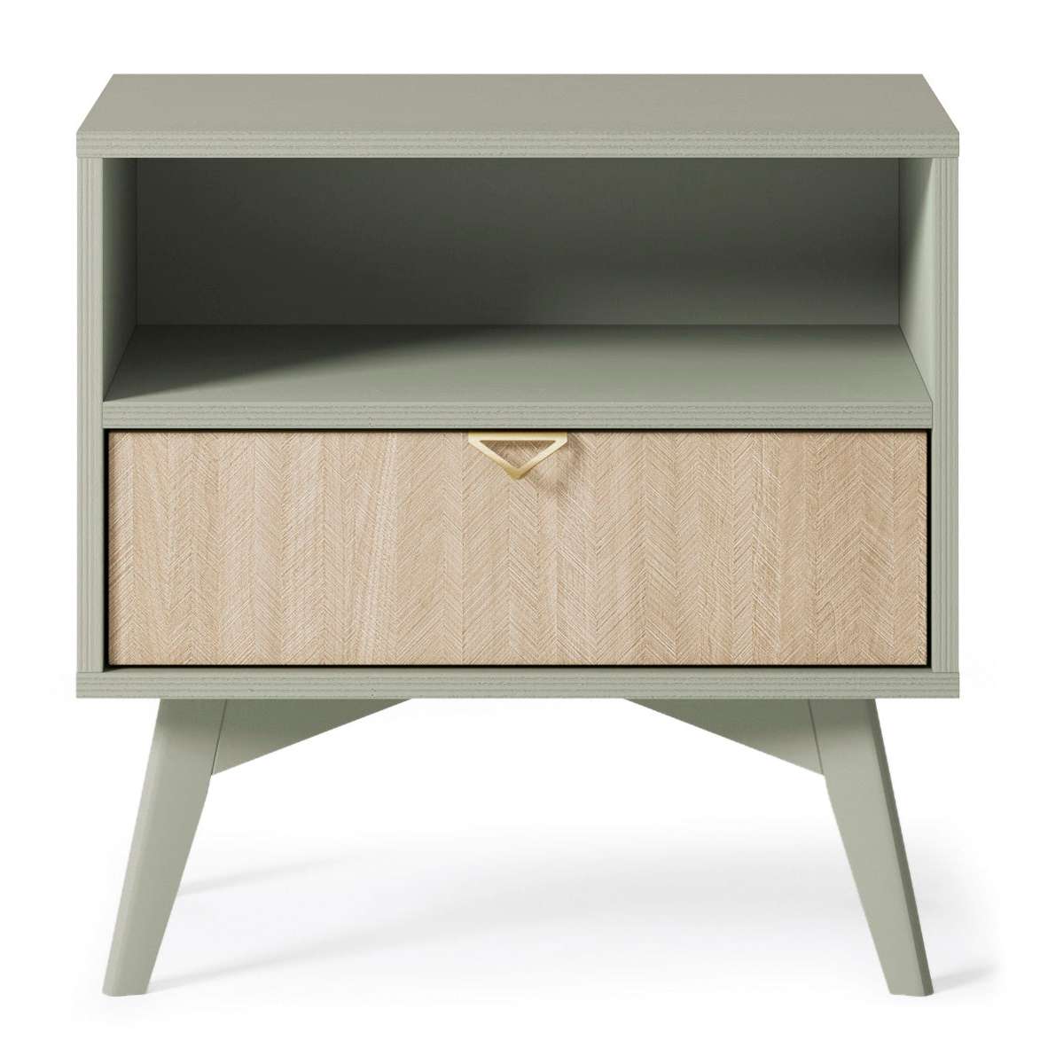 Olive green bedside table with open shelf and herringbone drawer front panel.