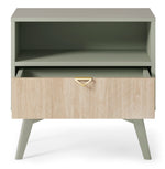 Olive green bedside table with open shelf and single drawer with herringbone front.