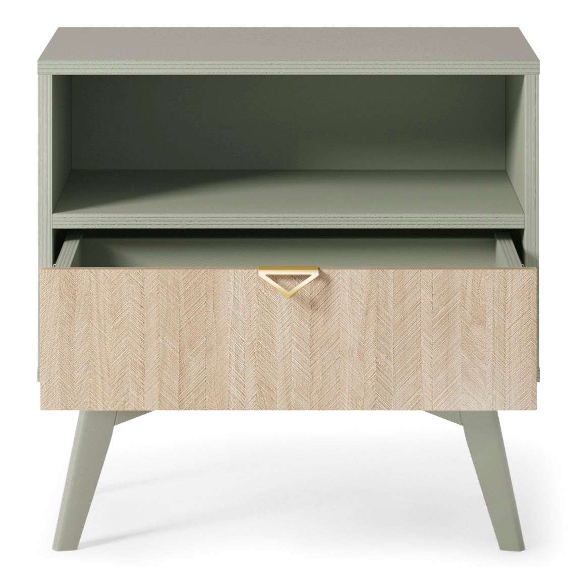 Olive green bedside table with open shelf and single drawer with herringbone front.