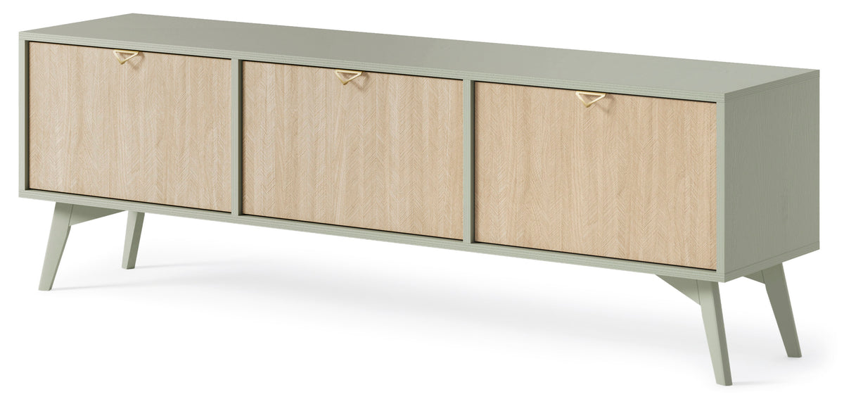 Olive green TV cabinet with three wood doors and brass pulls, angled front view