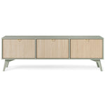 Olive green TV cabinet with three wood doors and brass pulls, tapered legs