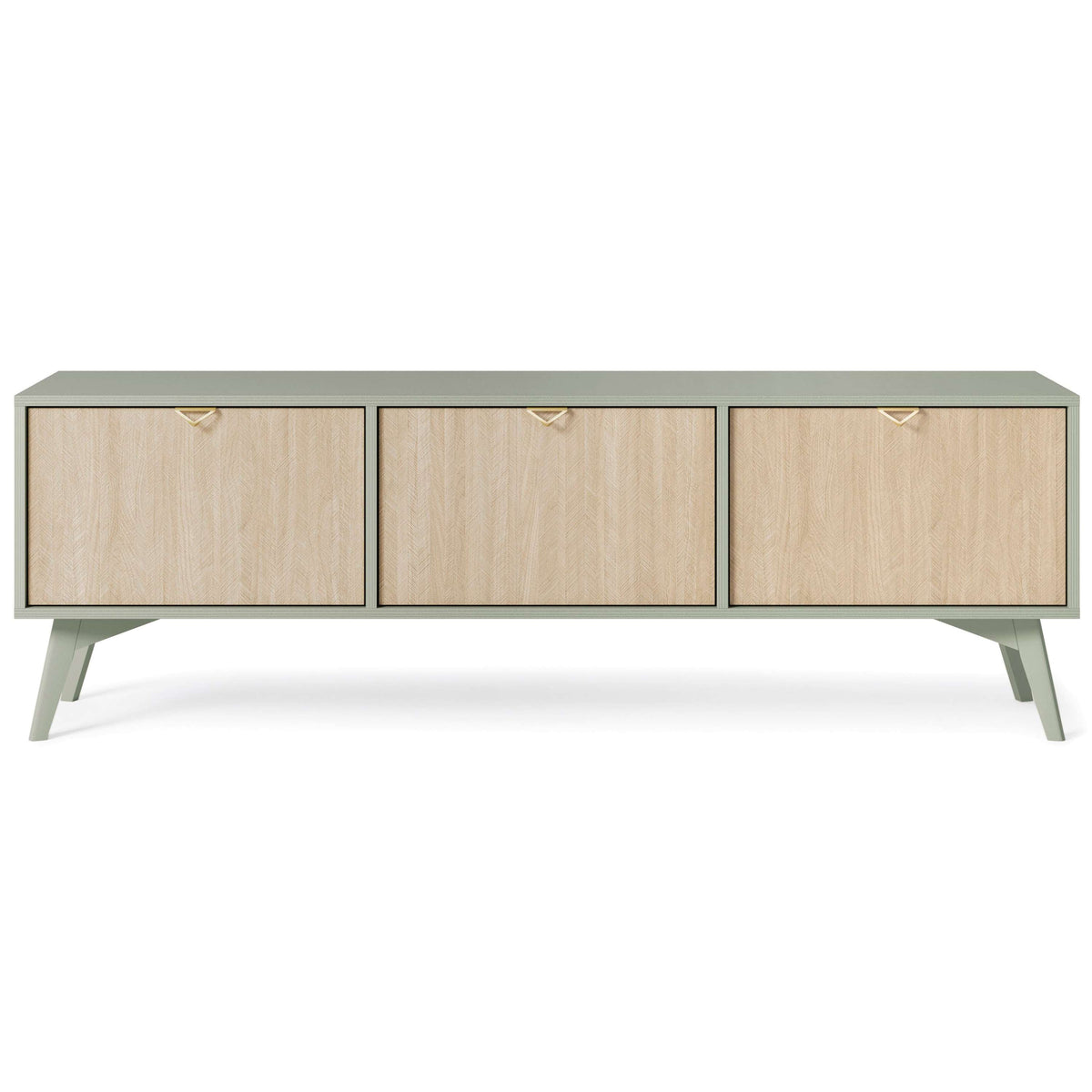 Olive green TV cabinet with three wood doors and brass pulls, tapered legs