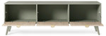 Olive green TV cabinet with three open compartments and dark interior shelves