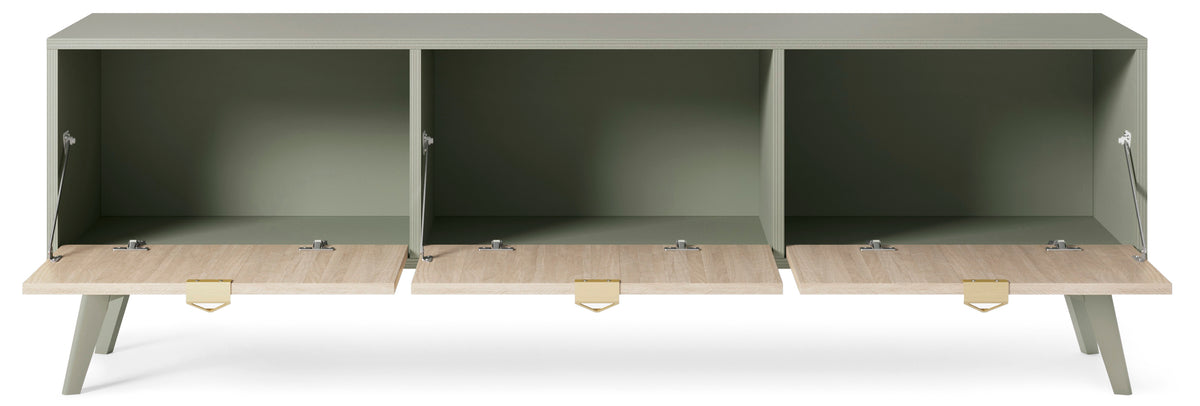 Olive green TV cabinet with three open compartments and dark interior shelves
