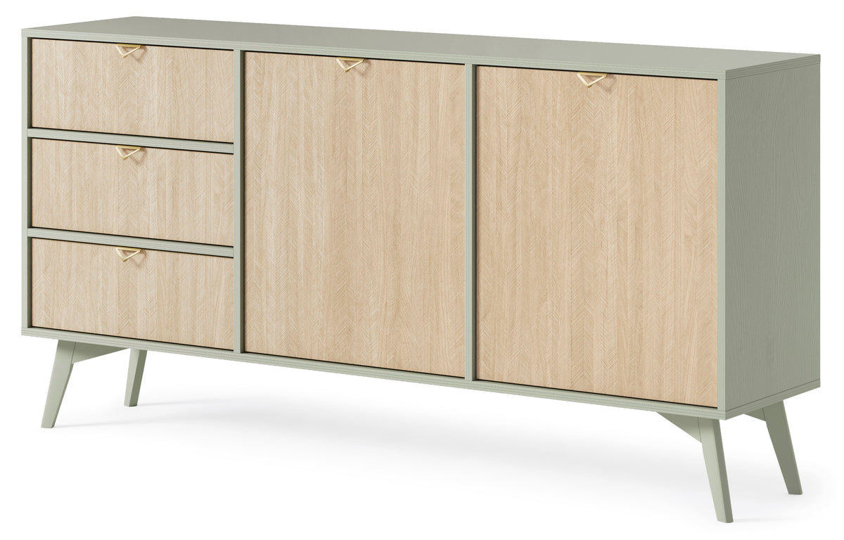 Wals 2-door sideboard in light wood-effect with gray-green legs; drawers and cabinet doors