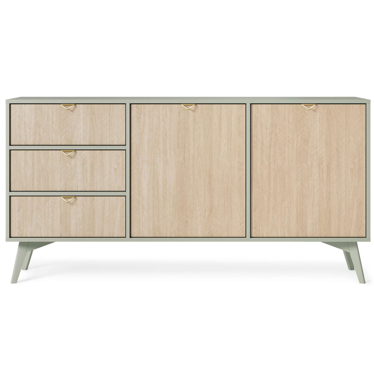 Wals 2-door sideboard front view: three drawer fronts and two large cabinet doors in light wood-effect