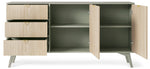 Wals 2-door sideboard with doors open, showing two shelves and three drawers in light wood-effect