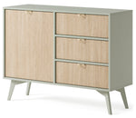 Olive green sideboard with cashmere wood door, three drawers, gold handles, tapered legs