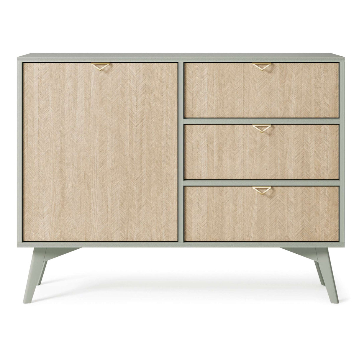Olive green and cashmere sideboard with door and three drawers, gold handles