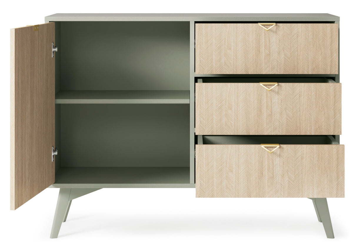 Olive green sideboard open to reveal shelves and three drawers, gold handles