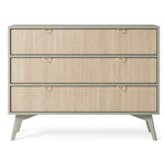 Light wood chest of drawers, three drawers with gold handles and tapered wooden legs