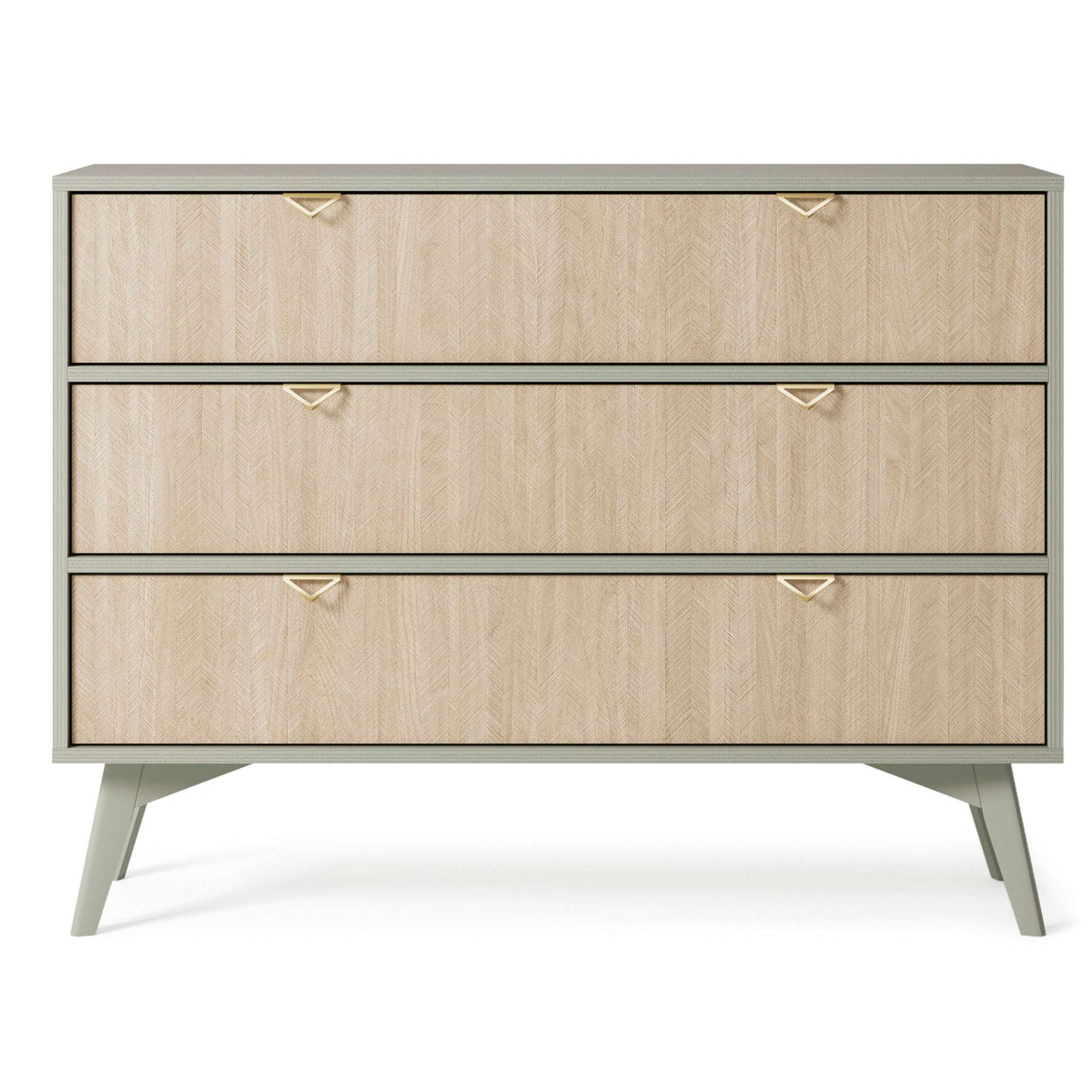 Light wood chest of drawers, three drawers with gold handles and tapered wooden legs