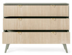 Three-drawer chest with light wood fronts, black trim, gold triangular handles and legs