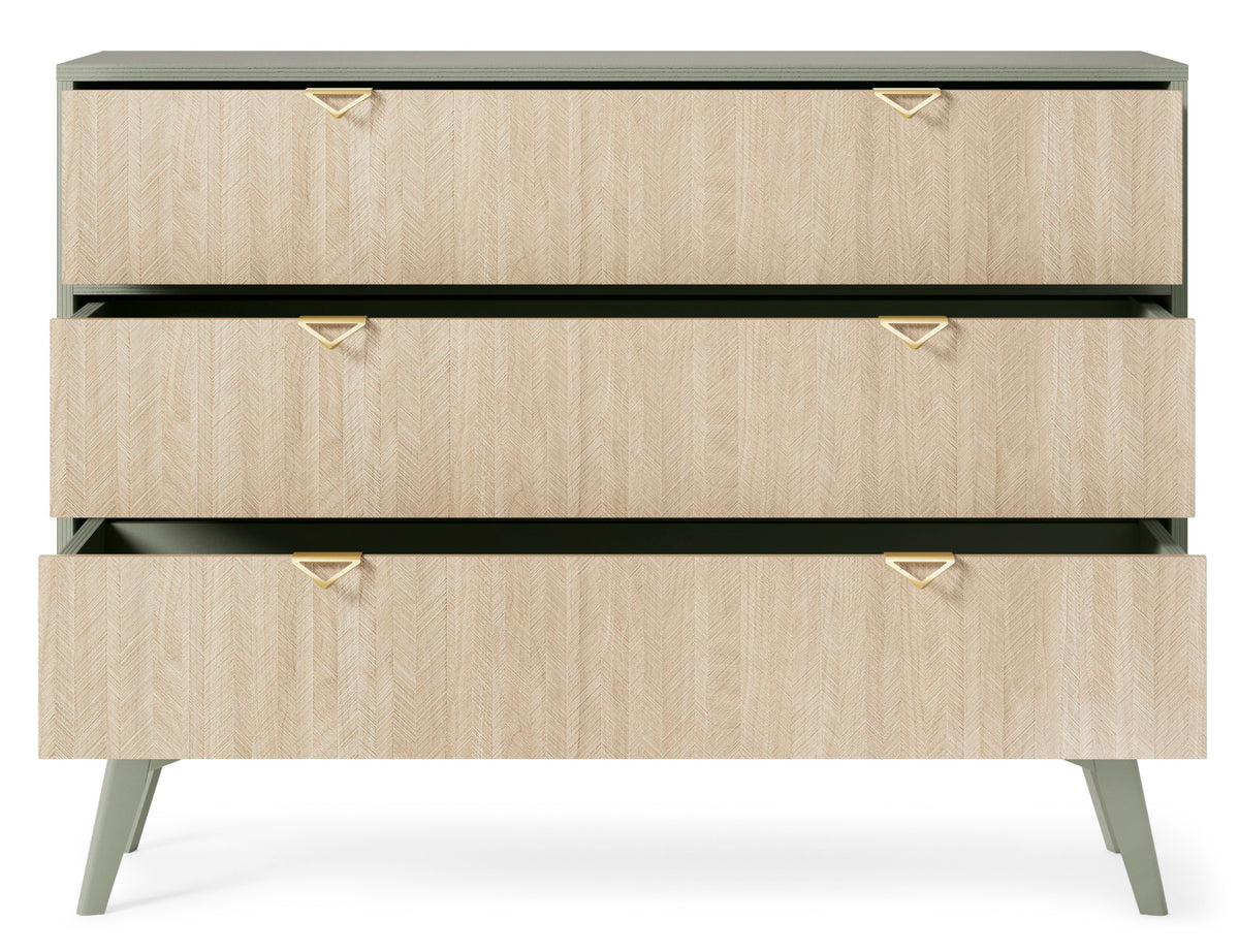 Three-drawer chest with light wood fronts, black trim, gold triangular handles and legs