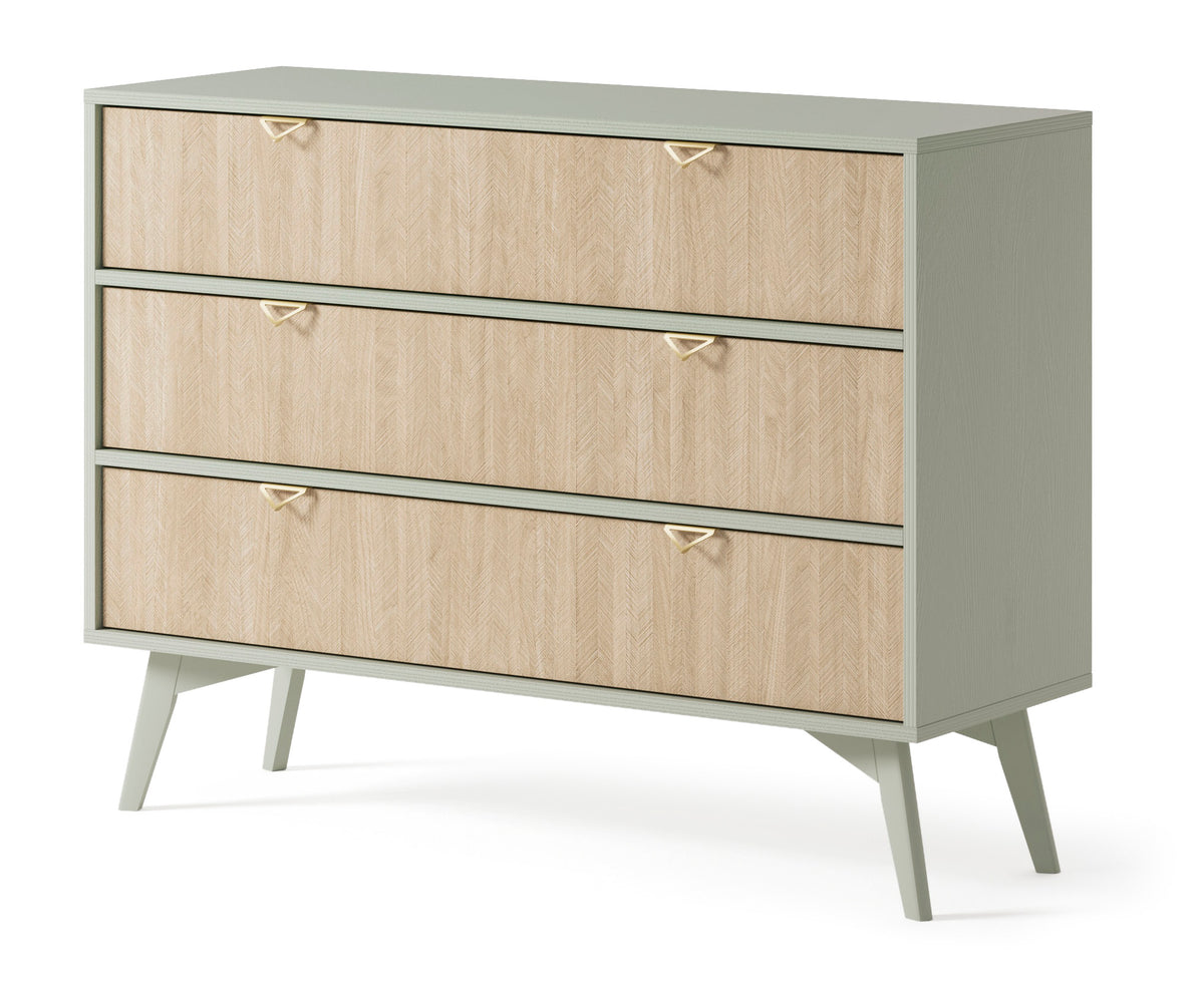Olive green chest of drawers with light wood fronts, three drawers, gold triangular handles