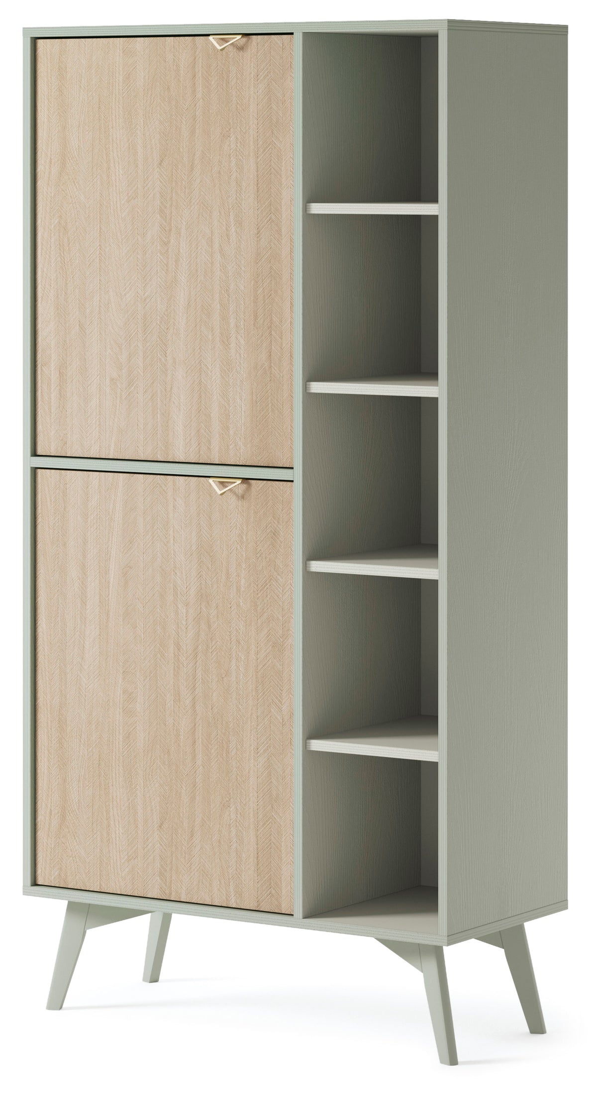 Highboard cabinet with two wood doors on the left and open shelves on the right
