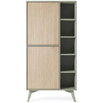 Wooden highboard with two cabinet doors and open right shelving, light oak finish