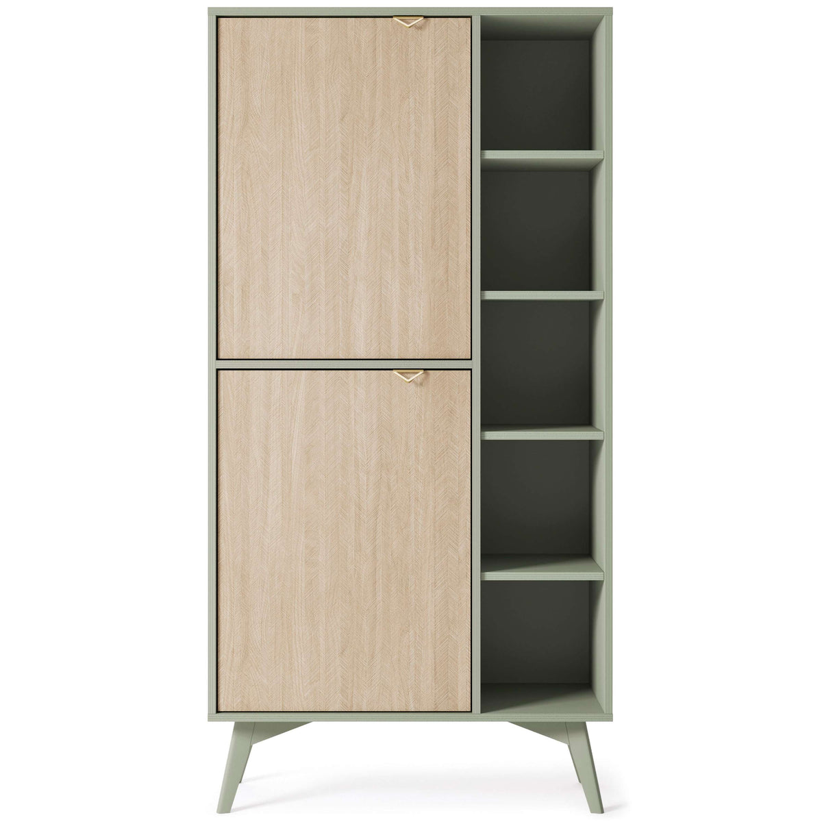 Wooden highboard with two cabinet doors and open right shelving, light oak finish