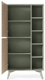 Open highboard cabinet with left compartments and right shelving, light wood body