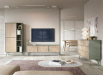 Wood highboard cabinet with open shelving, set in a modern living room scene
