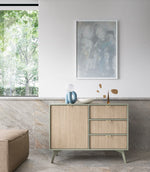 Olive green sideboard with cashmere door and three drawers, gold handles