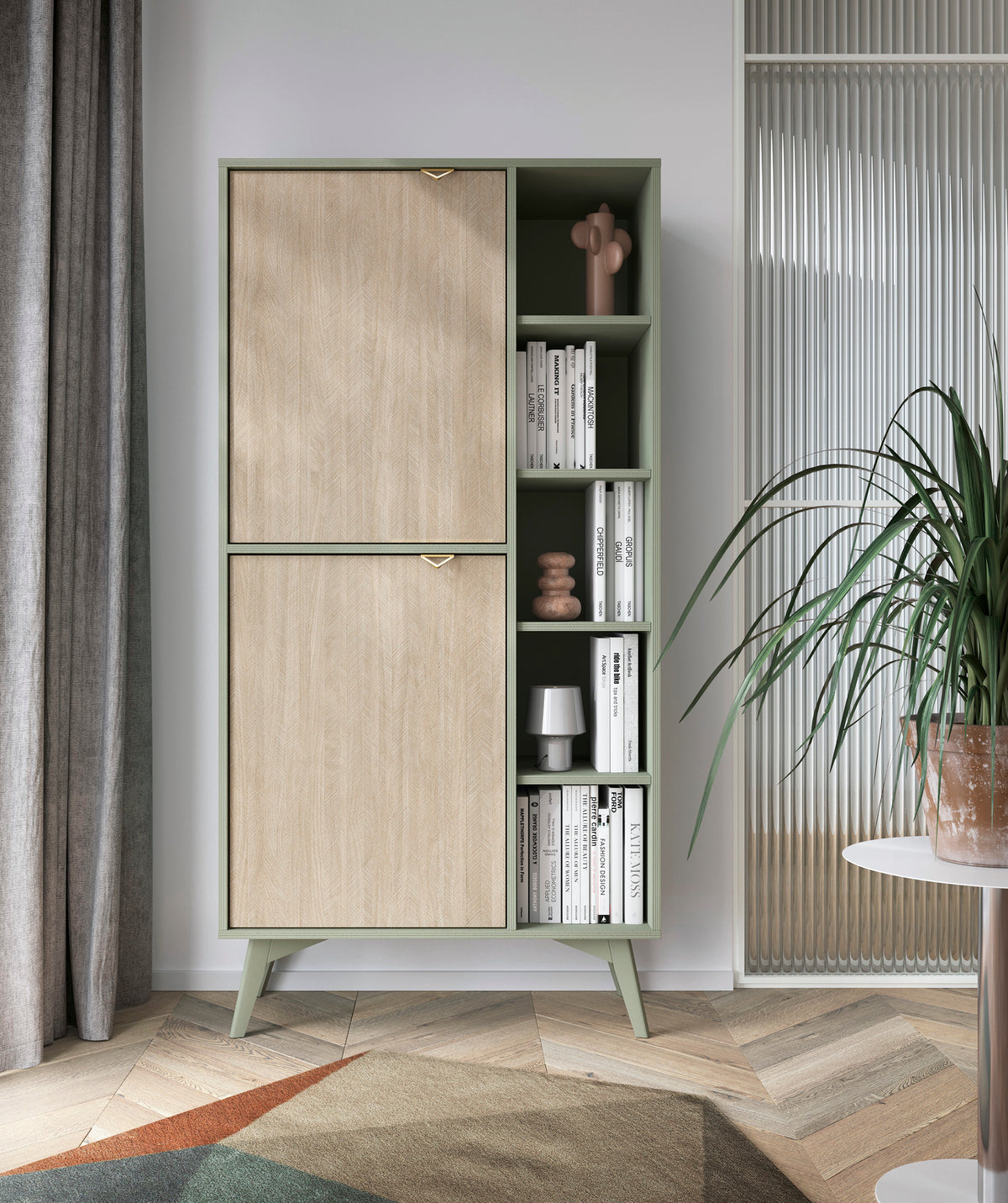 Tall highboard with two door fronts and open shelving, styled with books