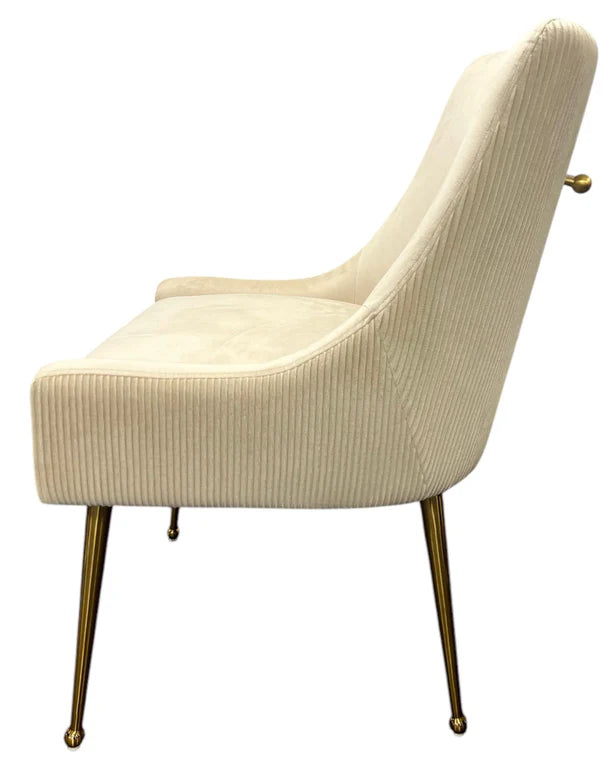 Como chair in beige with ribbed fabric, curved back, and brass-toned legs