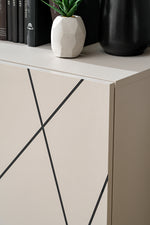 White TV cabinet front panel with X-style diagonal line pattern and wide shelf