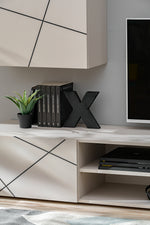 White TV wall unit with open shelf, striped storage doors, and diagonal accent lines