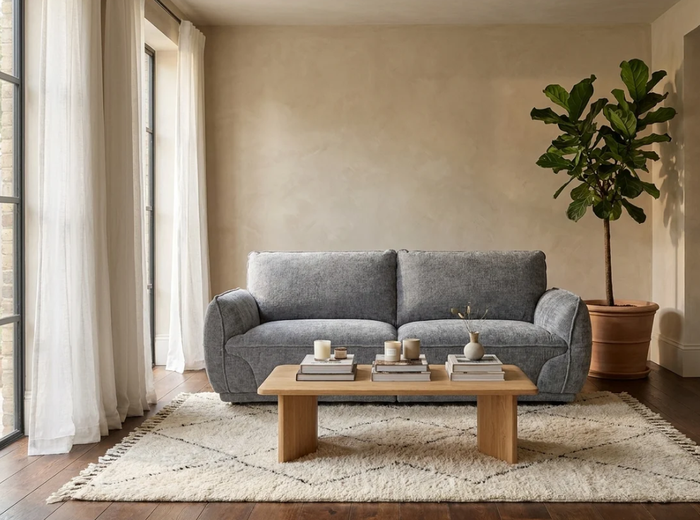 Grey 3-seater sofa with curved arms, square cushions, and dark wooden legs